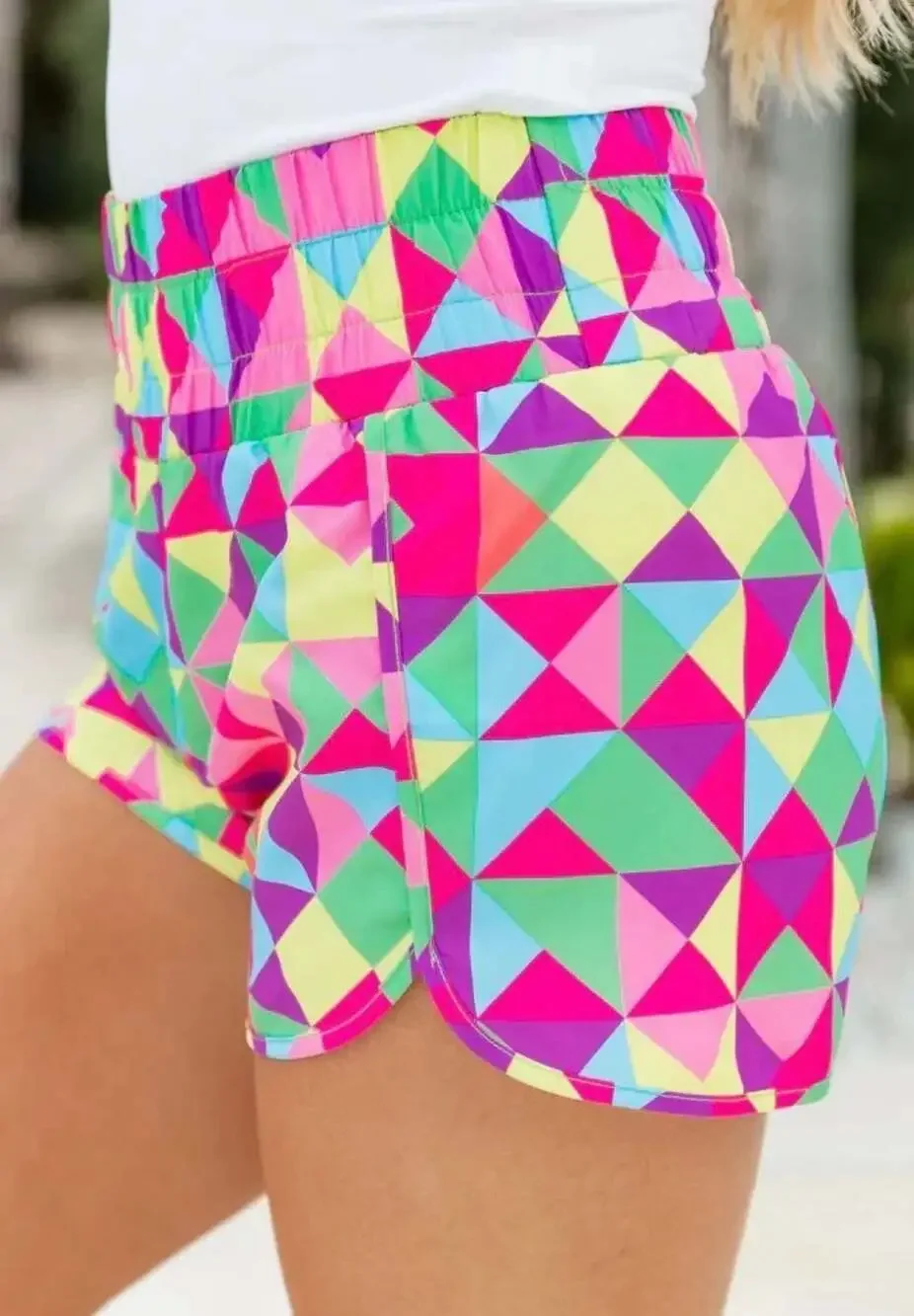 Multicolor Geometric High Waisted Athletic Shorts